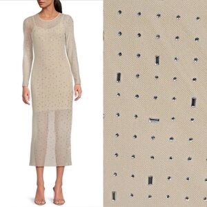 New! Gianni Bini Tilly Rhinestone Nude Mesh Long Sleeve Midi w/ Slip Dress